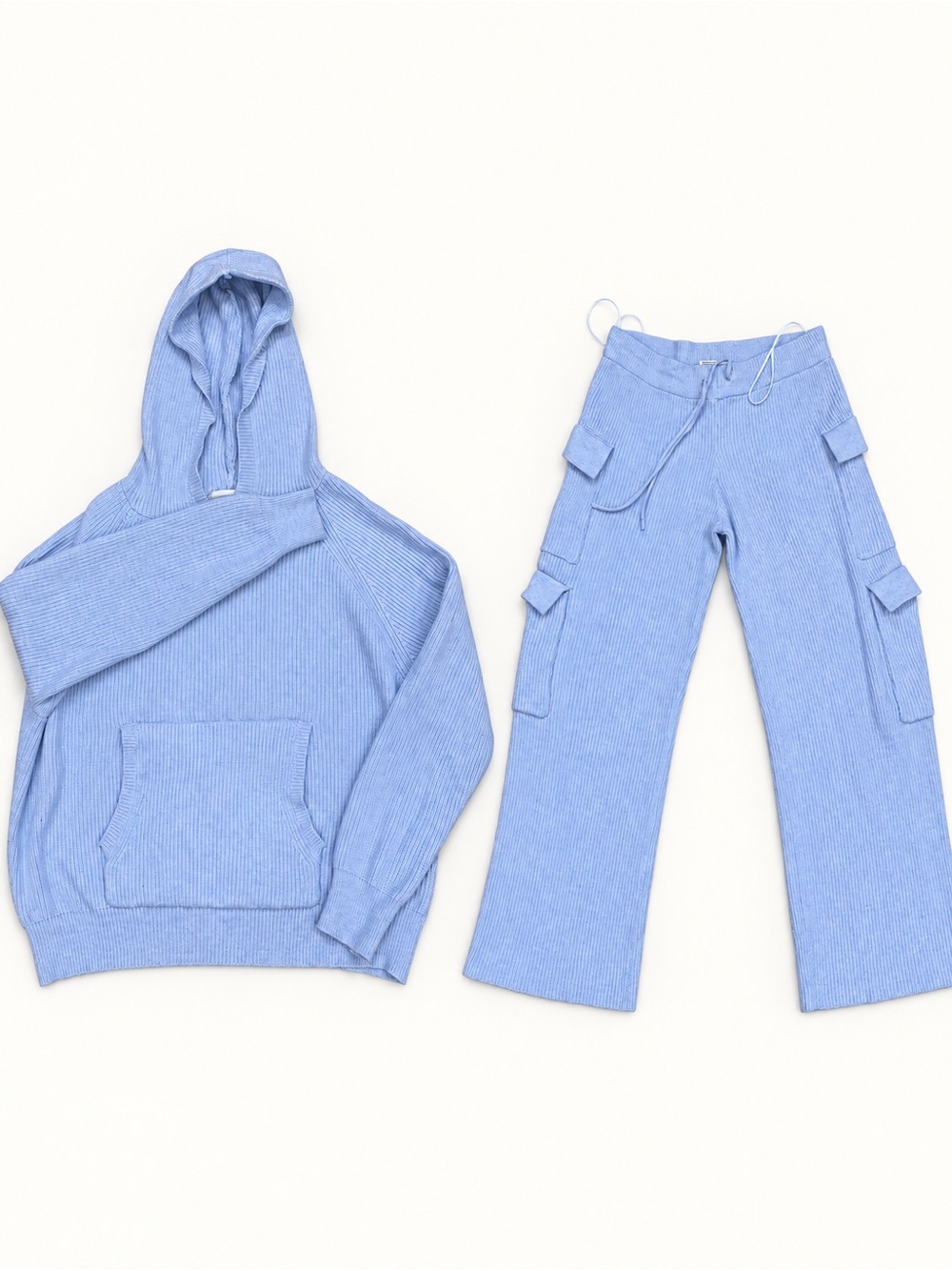 Ultra Flirt Small Blue Ribbed Knit Hoodie & Cargo Pants Lounge Set